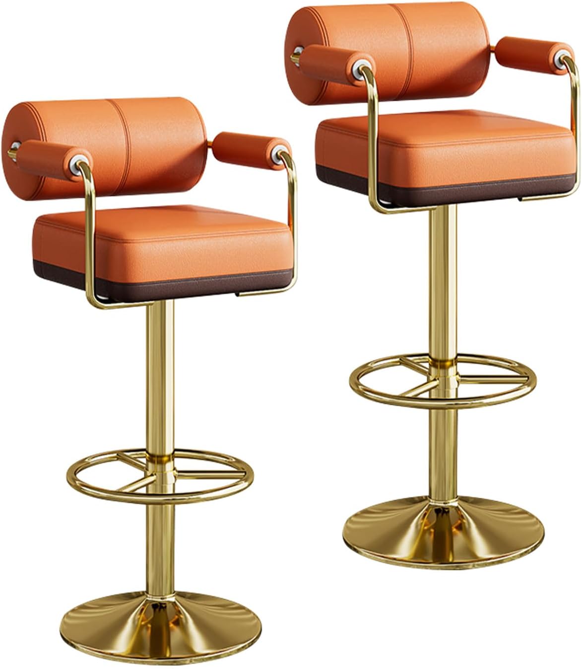 Vigosit Bar Stools Set of 2, Comfortable PU Leather Upholstered Modern Kitchen Barstools with Metal Base, Swivel Bar Chairs with Backrest and Armrests for Dining Room or Pub, Orange