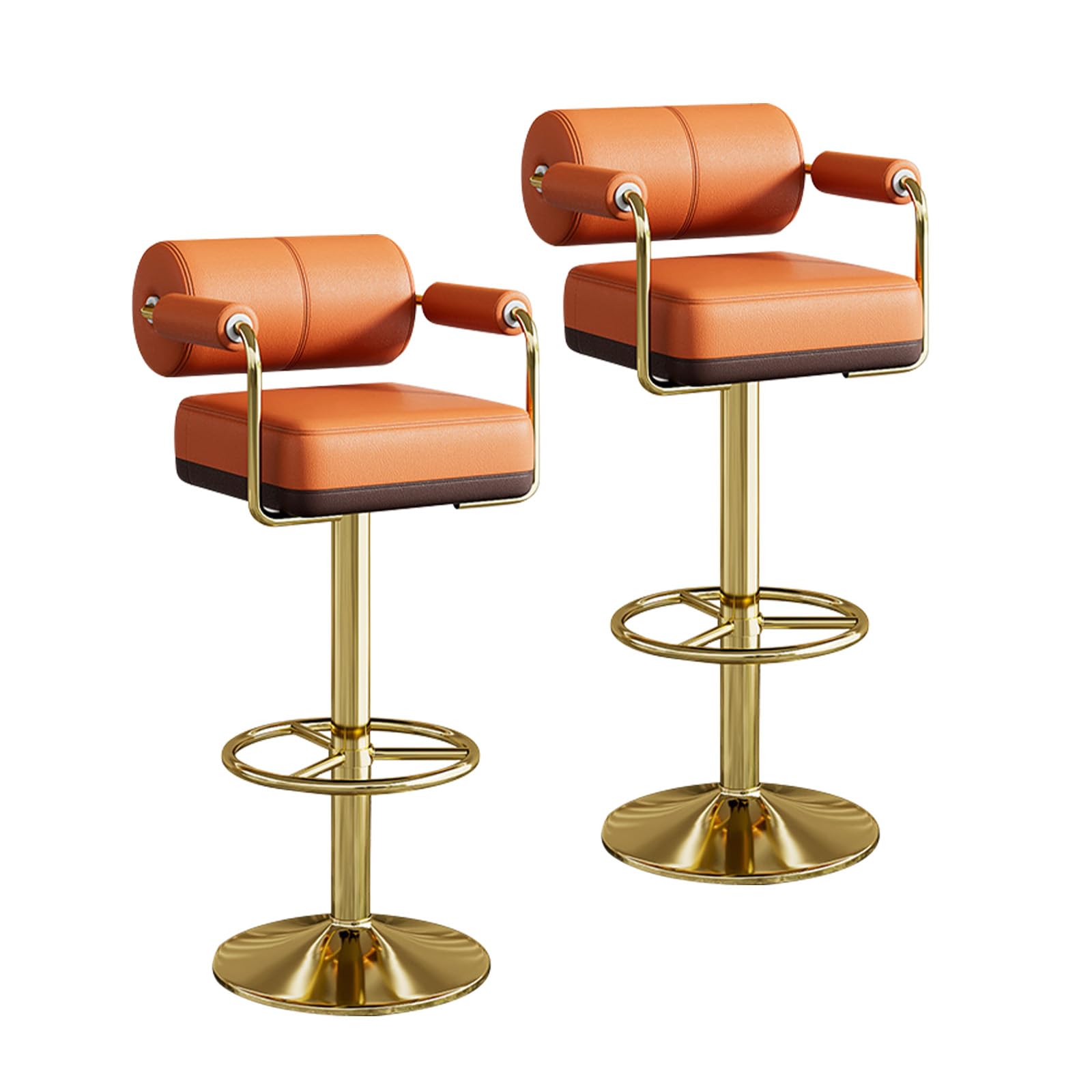 Vigosit Bar Stools Set of 2, Comfortable PU Leather Upholstered Modern Kitchen Barstools with Metal Base, Swivel Bar Chairs with Backrest and Armrests for Dining Room or Pub, Orange