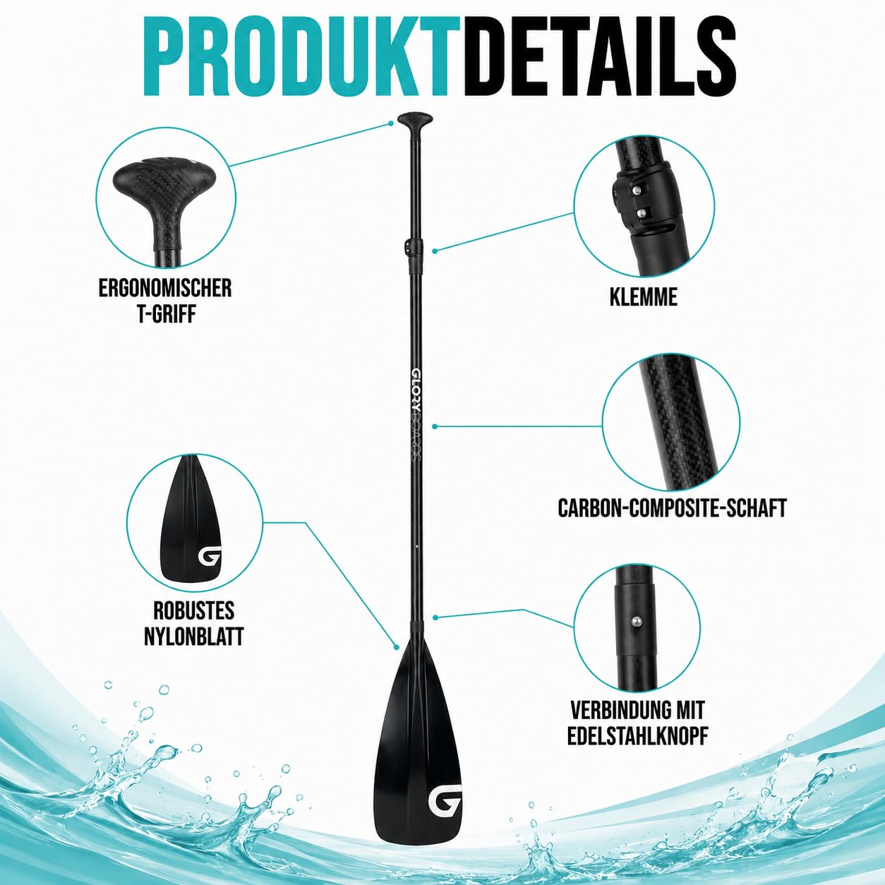 Glory Boards® SUP Paddel 30% Carbon für Stand Up Paddle, 3-teilig, ca. 800g | Carbon Paddel mit robustem Nylonblatt, variable Länge von 180-215 cm, angenehmer Griff, ideal für Stand-Up Paddling Touren