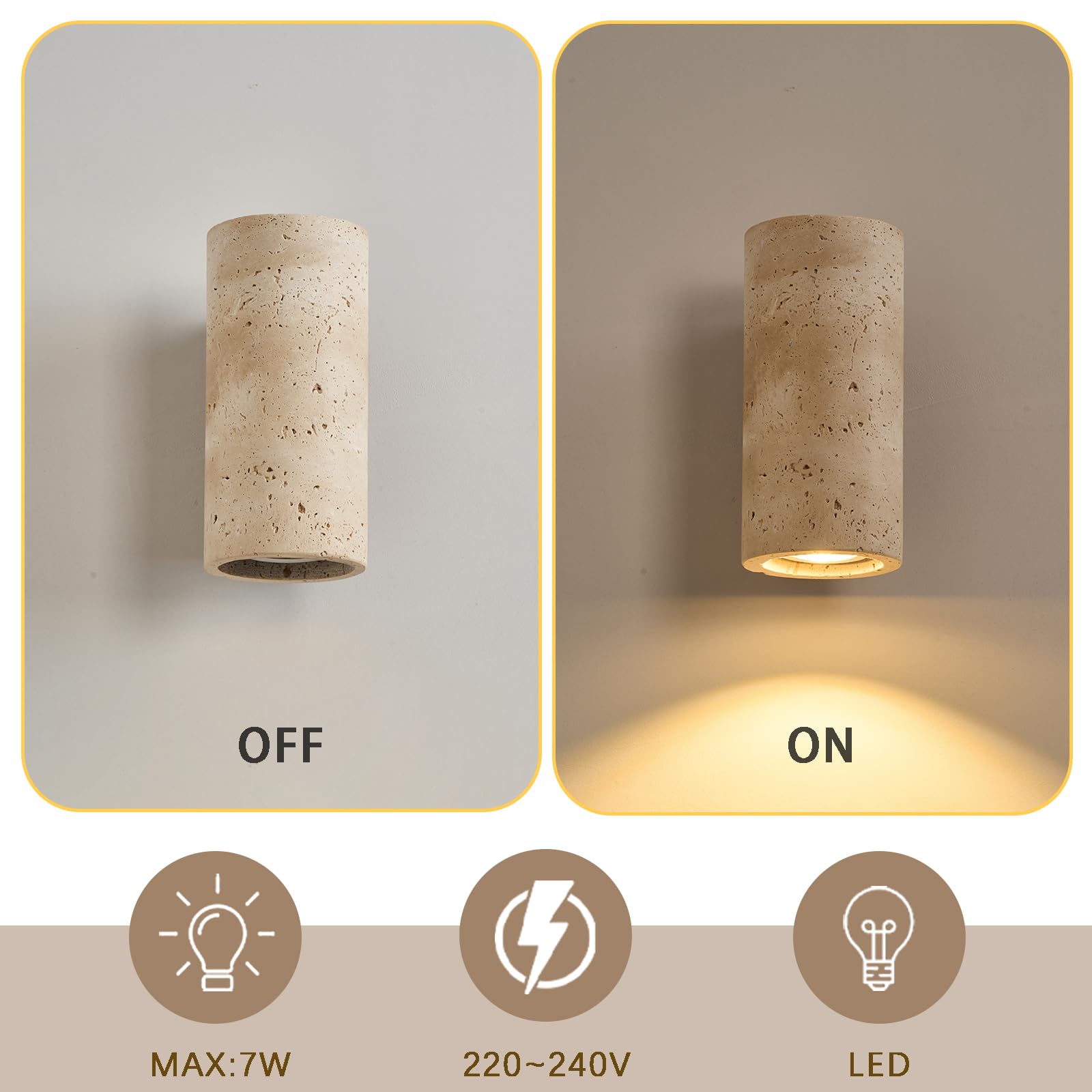 7W Applique Murale en Travertin Jaune Appliques Style Japonais Wabi Sabi Lampe Veilleuse Colonnaire en Pierre Luminaire Intérieur à Chaude pour Chambre Salle à Manger Cuisine Entrée Couloir