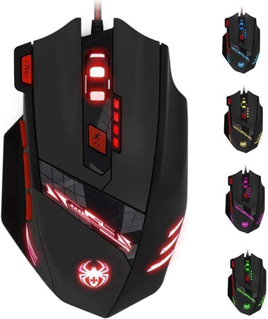 Zelotes T90 Professional 9200 DPI High Precision USB Wired Gaming Mouse,8 Buttons,With 7 kinds modes of LED Colorful Breathing Light, Weight Tuning Set (Black) (Renewed)