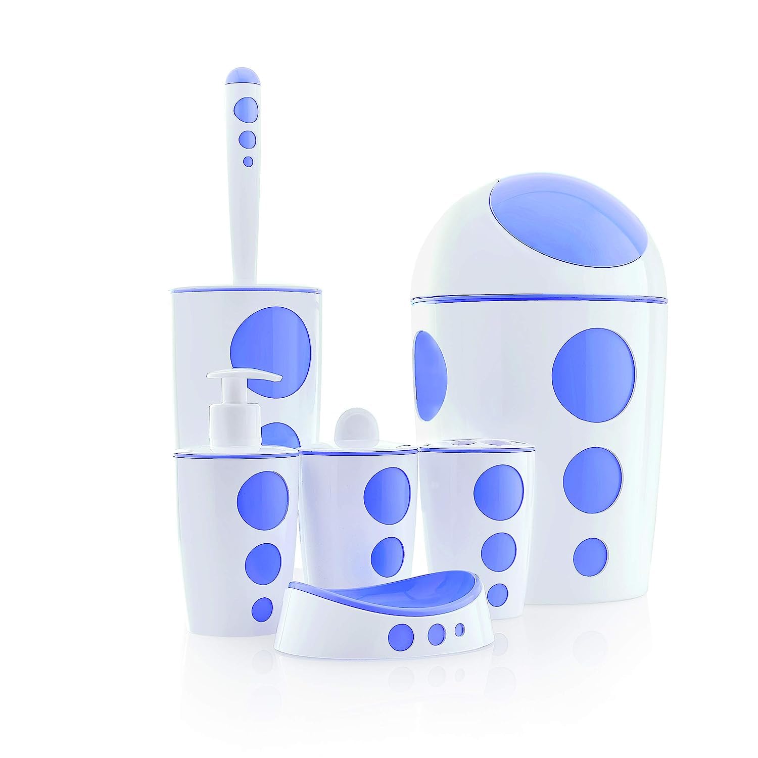 Conjunto de baño completo Flora & Flosoft Punto blanco y azul para accesorios de aseo