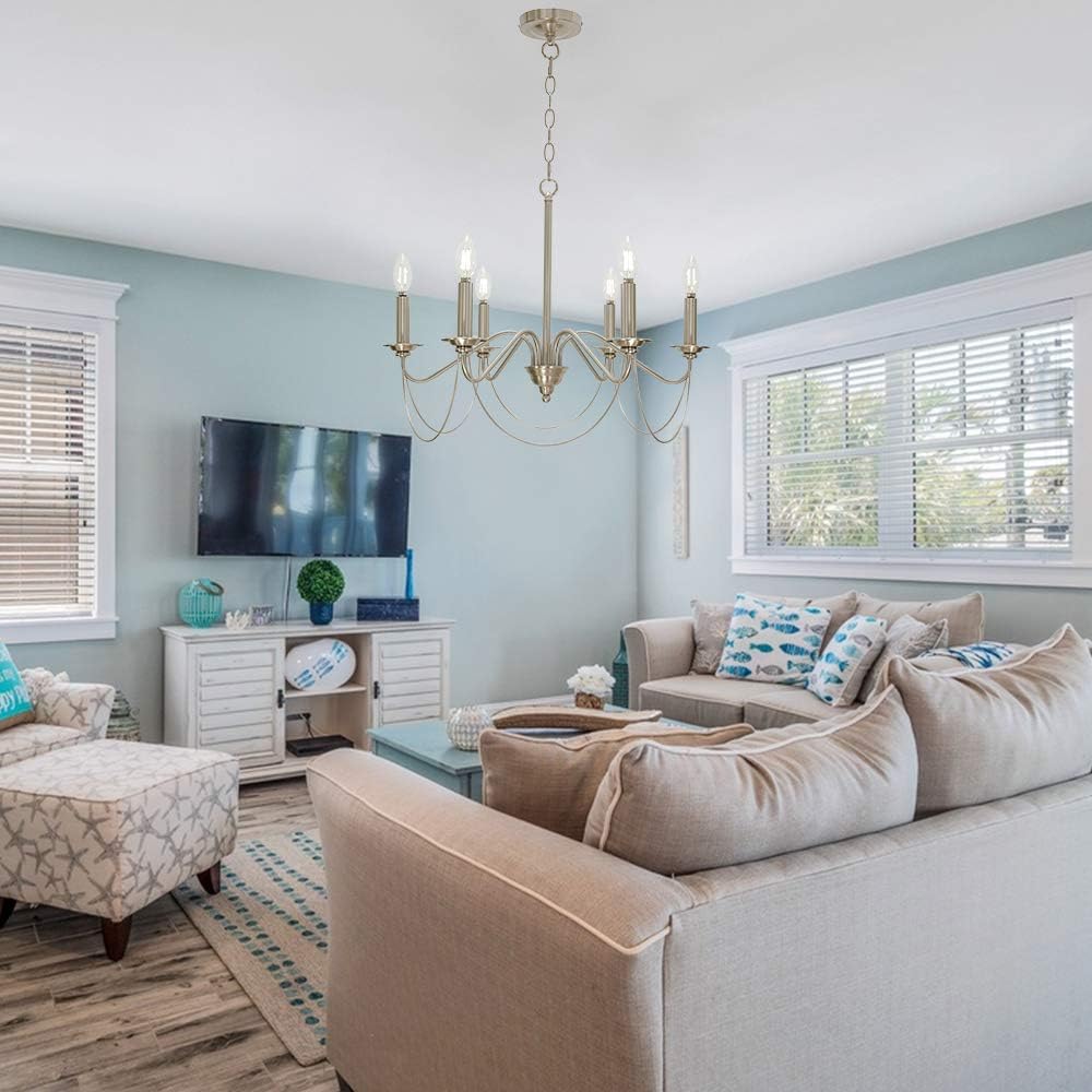 🔥 BONLICHT 6 Light Farmhouse Chandelier Modern Kitchen Island Pendant Lighting Brushed Nickel Industrial Candle Chandelier Classic Dining Room Light Fixture Hanging Ceiling Light for Living Room Foyer