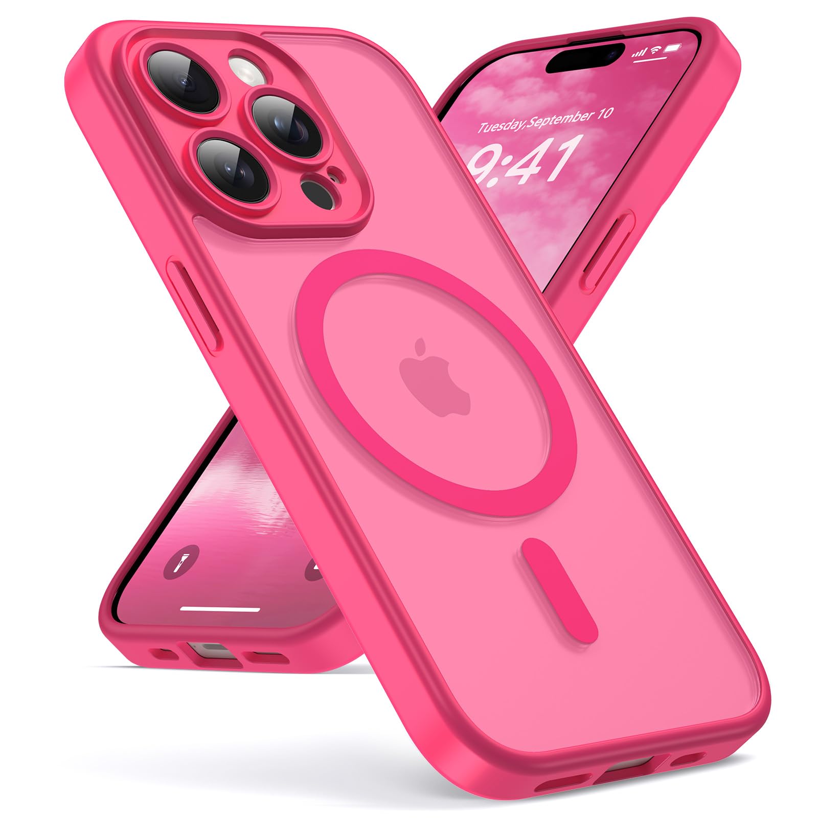 Oududianzi-Cover per iPhone 14 Pro Compatibile con MagSafe, Custodia Traslucida Posteriore PC Silicone TPU Bumper, Protezione Della Fotocamera, Cover Militare Antiurto Anti-Impronte-Rose Rosso