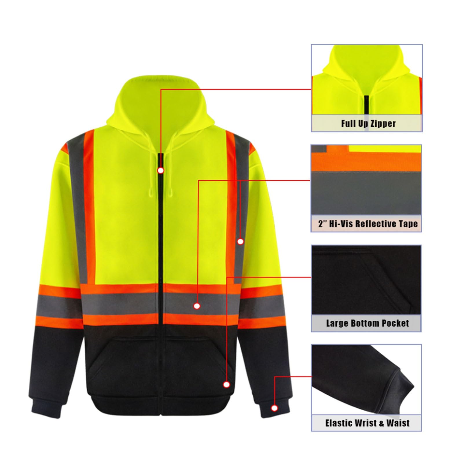 Chaleco reflectante de alta visibilidad, Chaqueta polar reflectante de alta visibilidad con capucha, multicolor, varios tamaños
