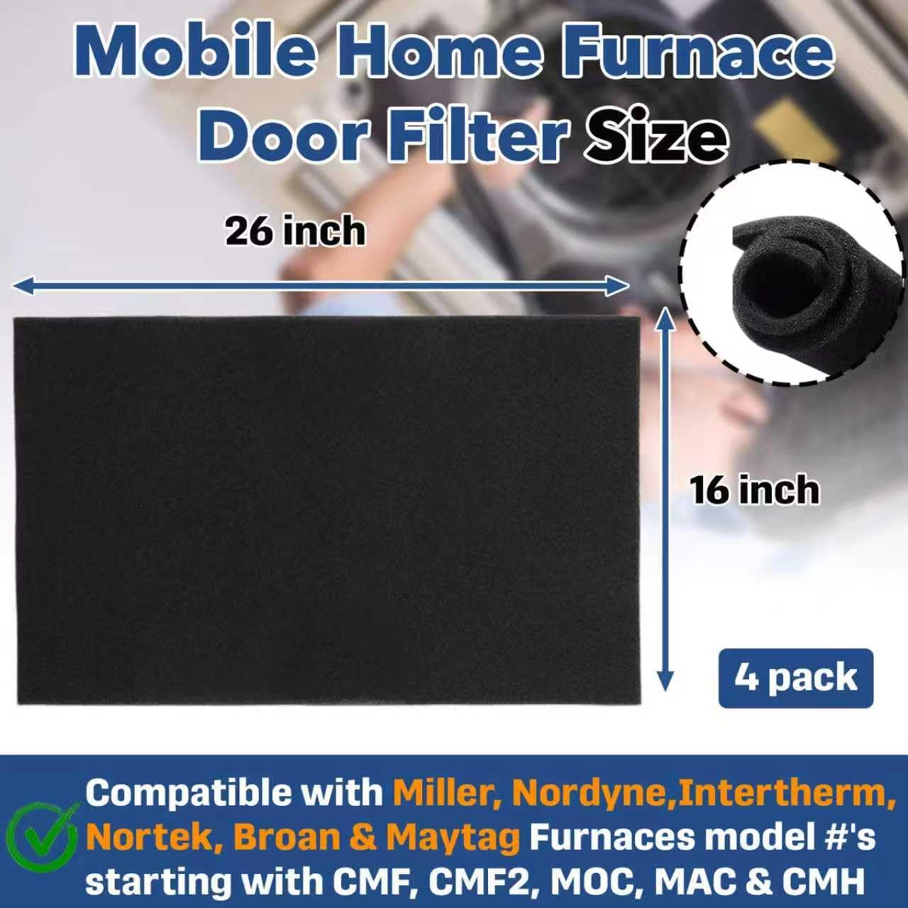 4-Pack 16" x 26" x 1/4" Mobile Home Furnace Door Foam Filter image 2