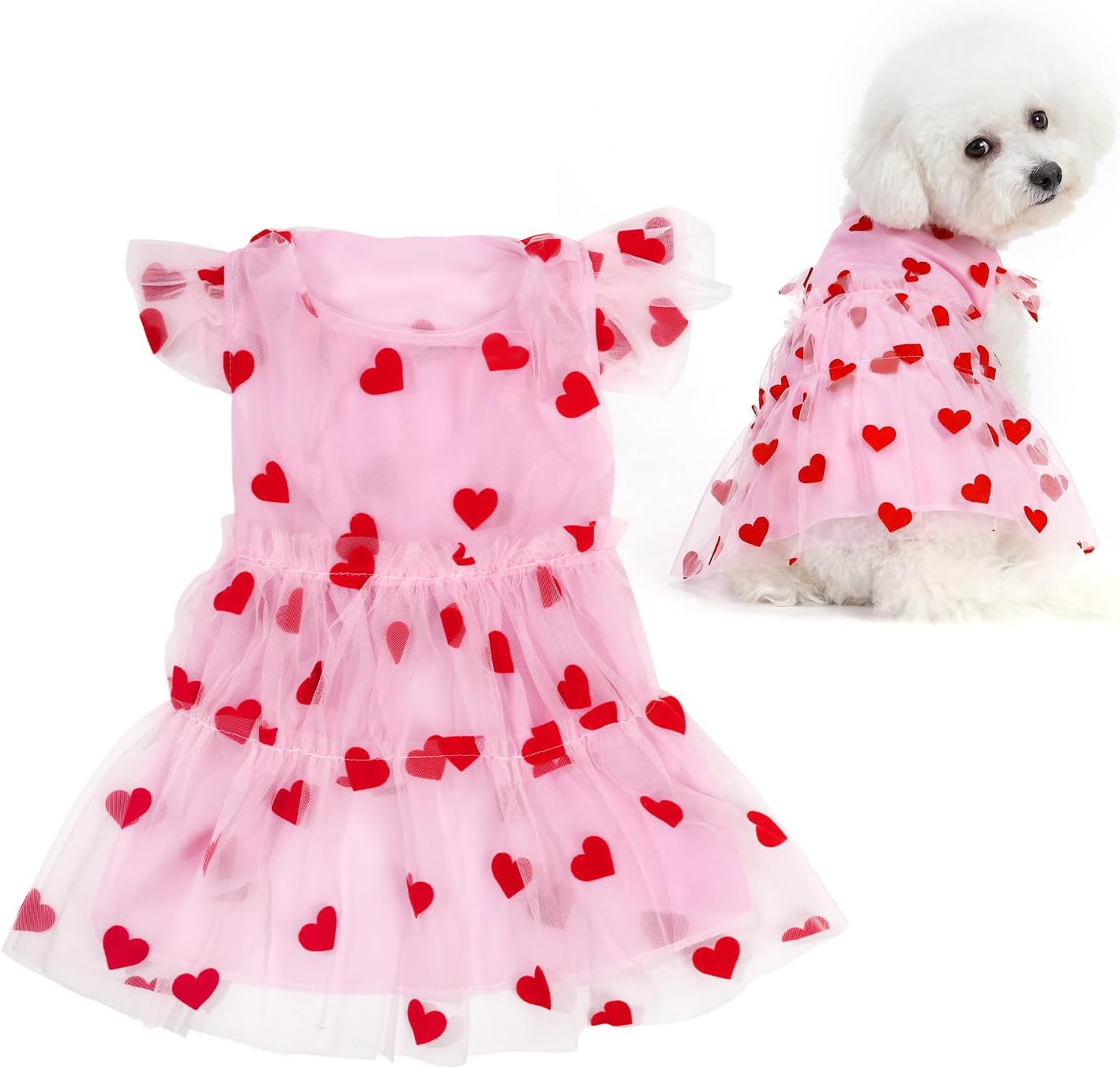 Cute Dog Dress Pink Tulle Puppy Dress with Heart Patches Pet Clothes for Small Dogs Cats,M