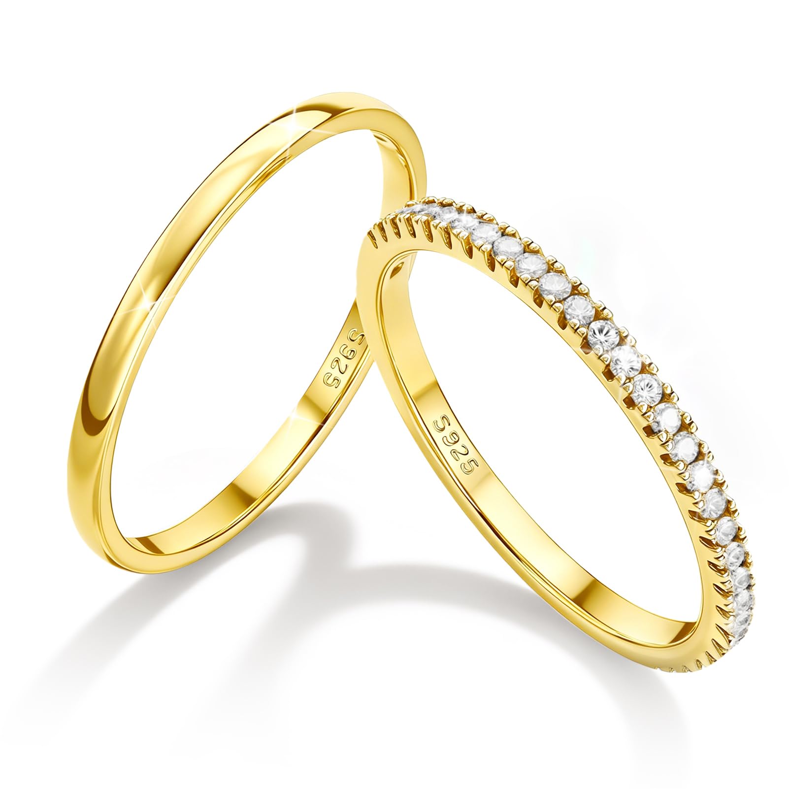 2Pcs Solid 925 Sterling Silver Rings for Women 1.3mm Thin Non Tarnish White Gold Plated Plain Thumb Stackable Rings Half Cubic Zirconia Wedding Eternity Band Rings Size 5-10