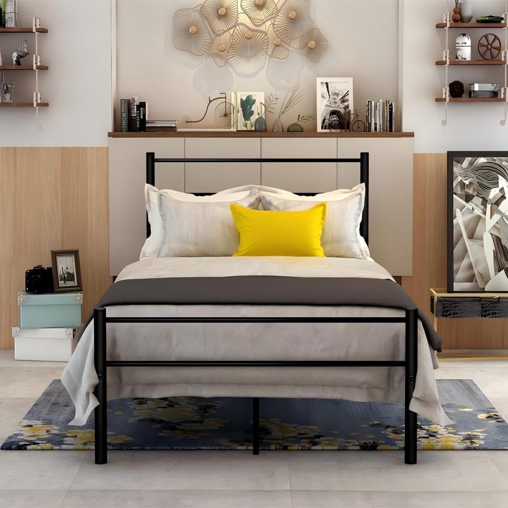 Ensemble Sommier et Matelas 90x190CM Epaisseur 14CM avec Couette Oreiller,Cadre de Lit Tete Metal,2 Colis,Assemblage Requis (90x190CM)