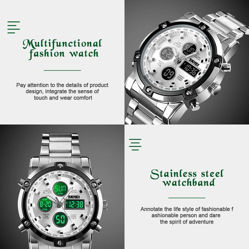 MASTOP Reloj de pulsera analógico digital de acero inoxidable de lujo, resistente al agua hasta 50 m, doble pantalla, doble hora, cuarzo, multifuncional, con cronómetro, alarma, retroiluminación LED