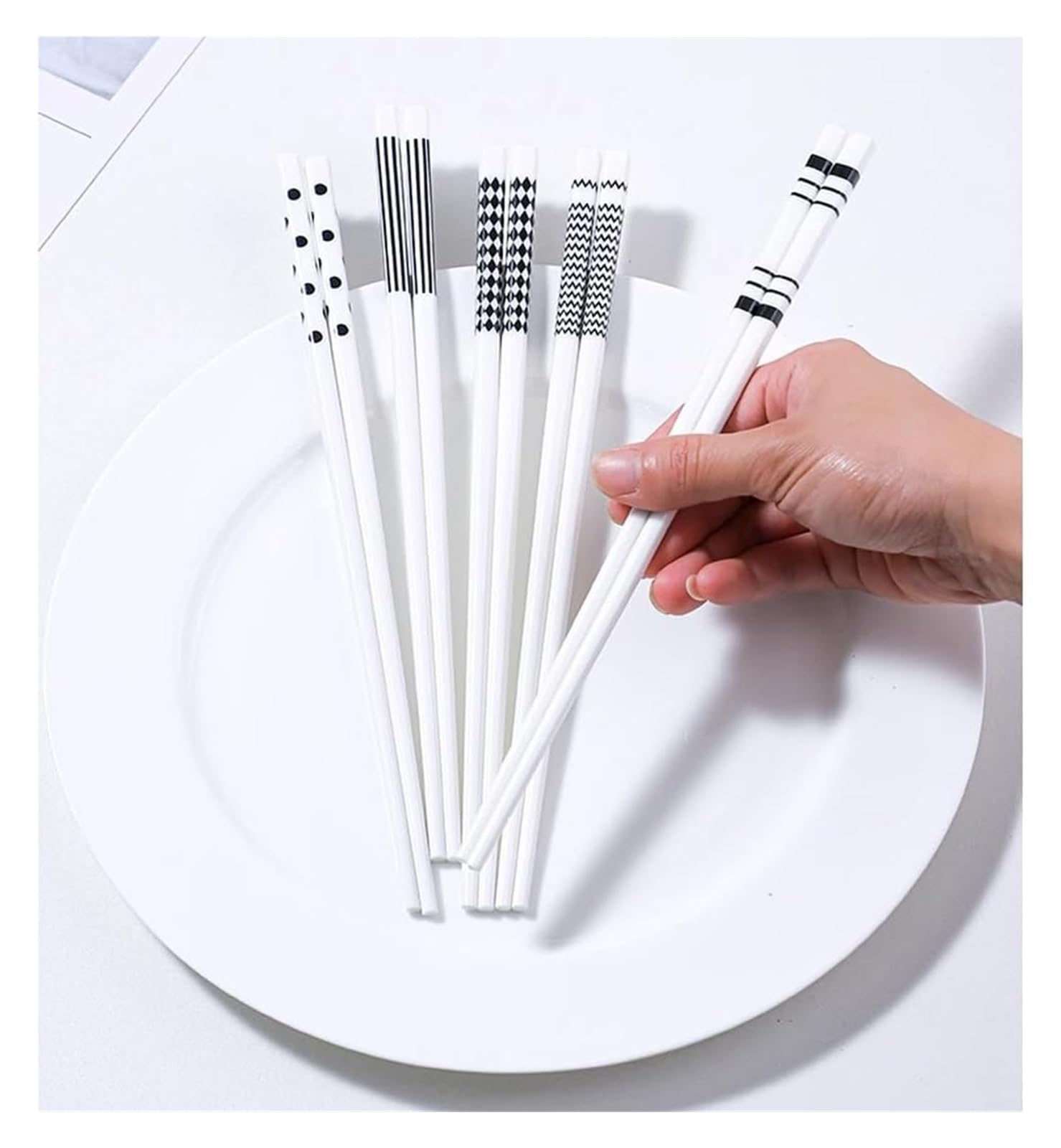 Jeu de baguettes, Ensemble de 5 paires baguettes en porcelaine noir et blanc, cadeau réutilisable avec étui(X)