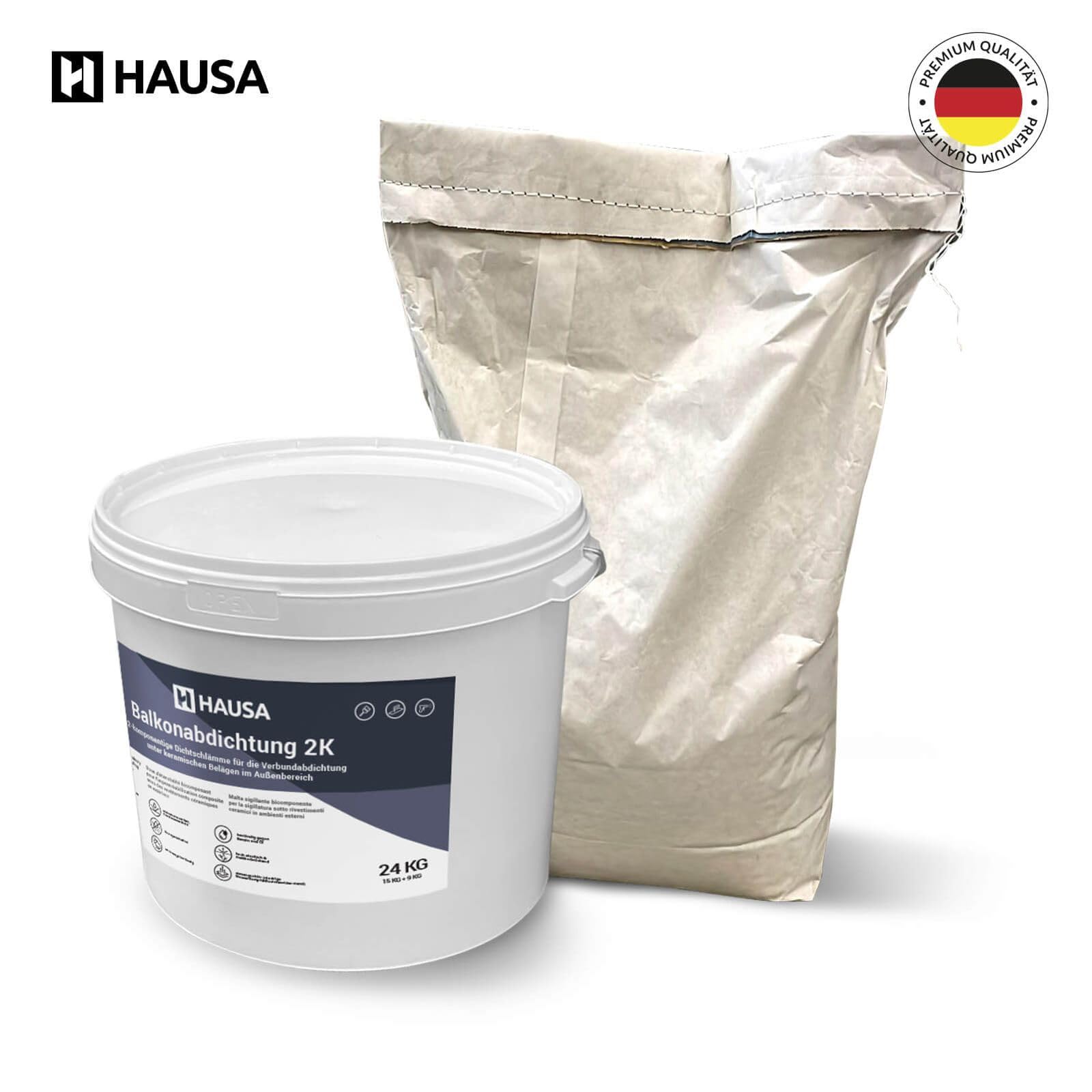 Hausa Balkonabdichtung 2K, 24kg flexible Dichtschlämme zur Abdichtung von Balkon, Terrasse, Bad, Dusche, Keller, Fundamente; Dichtungsmasse für Außenbereich, frost-, UV- und alterungsbeständig