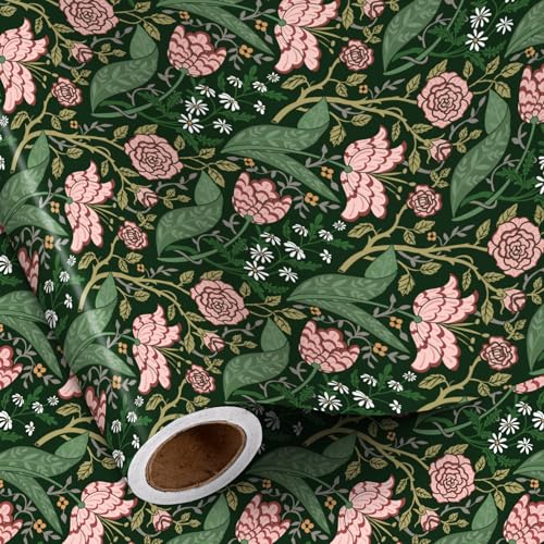 RUSPEPA William Morris Floral Wrapping Paper Roll, Mini Roll, Vintage Pink Botanical Garden Design, Elegant Dark Green Gift Wrap for for Women, Birthday, Wedding, Mother's Day, 17 Inches x 16.4 Feet