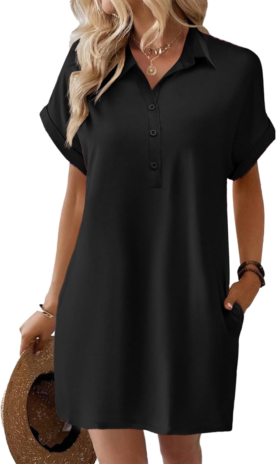 HOTOUCH Womens Summer Shirt Dress 2026 Short Sleeve Floral Shift Dress Casual Loose Flowy Beach Sundress with Pockets