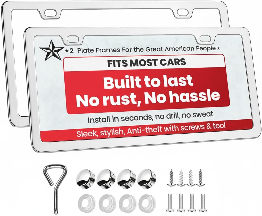 2 Pack Sliver Stainless Steel License Plate Frames with 2 Holes, Polish Mirror License Plate Holder, Rust-Proof, Includes Chrome Screw Accessories, Universal Car License Plate Cover for Man and Women