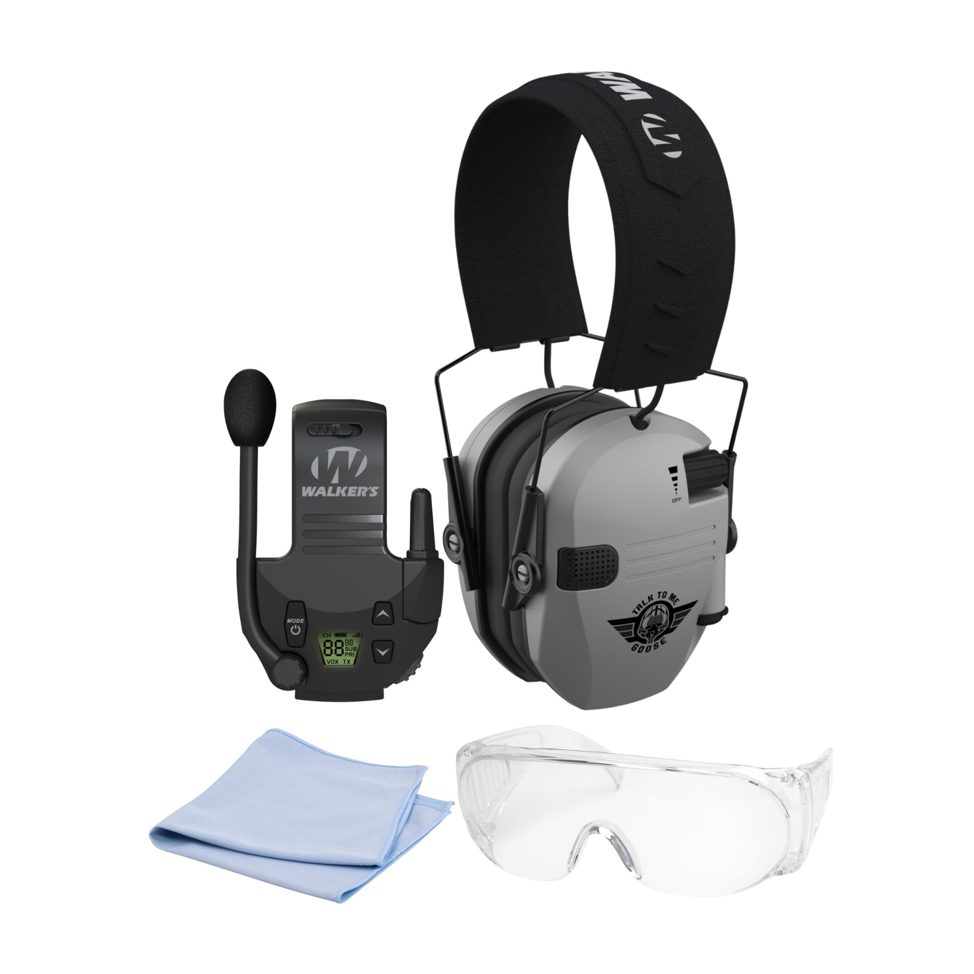Walkers Razor Electric Slim Earmuffs - Noise Cancelling Ear Protectors with Built-in Microphone (Talk to Me Goose Gray) Bundle with Protective Glasses (2 Items)