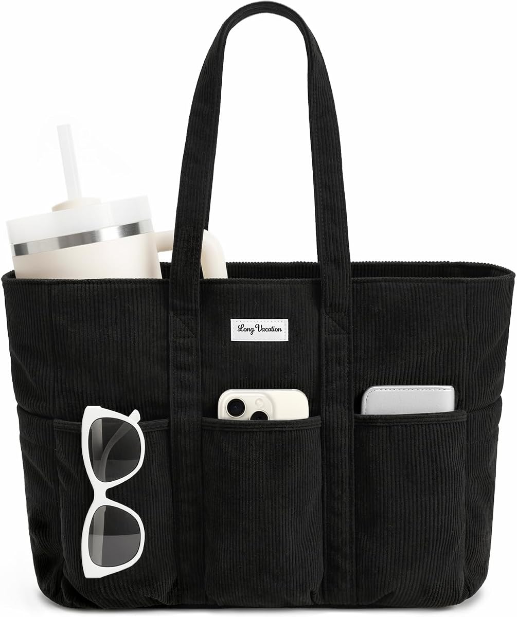 LONG VACATION Corduroy Tote Bag for Women, 16 Pockets Large Work Laptop Bag | 15.6" Laptop Compartment, 40oz Cup Holder, Lightweight, Washable, Teacher Nurse Bag for Office School Travel Gym College