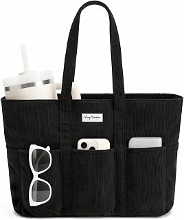 LONG VACATION Corduroy Tote Bag for Women, 16 Pockets Large Work Laptop Bag