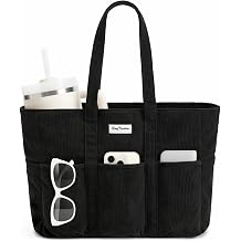 LONG VACATION Corduroy Tote Bag for Women, 16 Pockets Large Work Laptop Bag