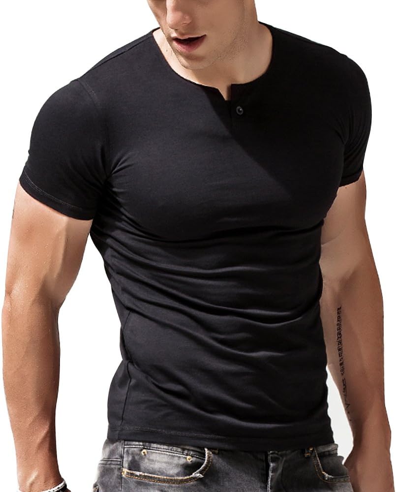 Mens Cotton Muscle Slim Fitted Sport Henley T-Shirt with Button