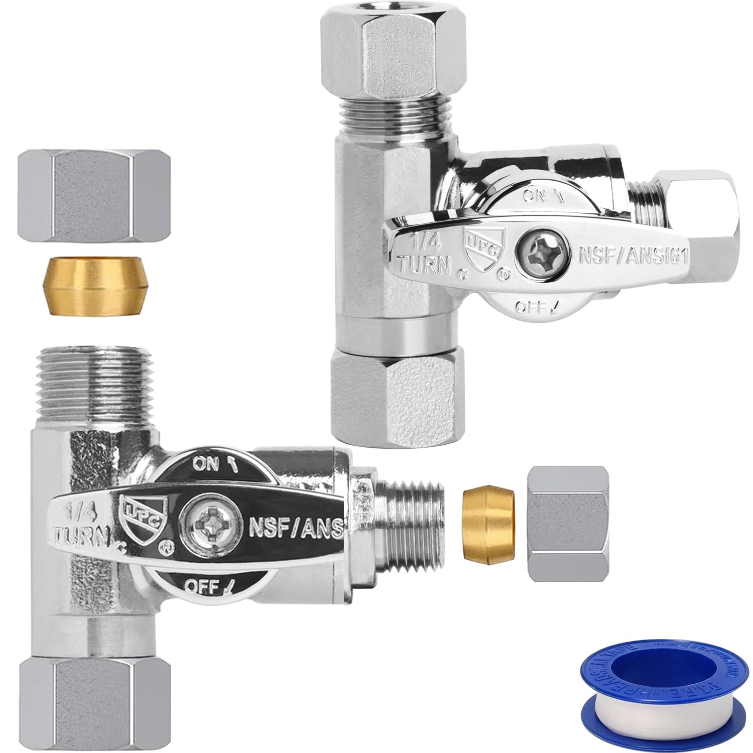 WiseWater Paquete de 2 válvulas de parada en T de 3/8 hembra Comp x 3/8 OD x 1/4 OD, válvula de cierre de agua de latón cromado de 1/4 de vuelta, compresión de 3 vías para refrigerador, máquina de