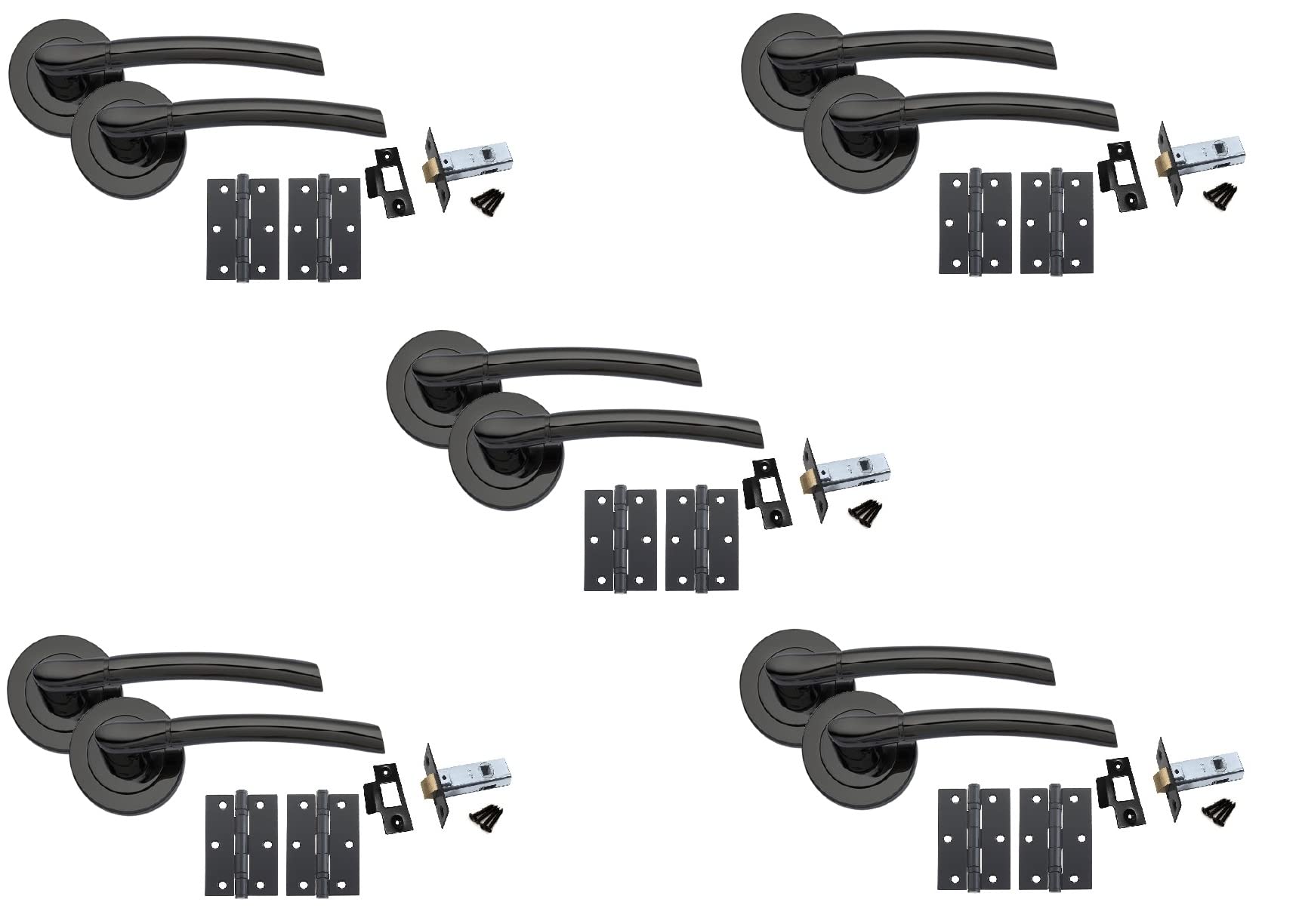 Golden Grace Black Nickel Finish Indiana Style Modern Door Handles On Round Rose In Polished With Ball Bearing Hinges & 64Mm Tubular Latch - 5 Sets