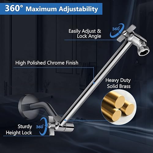 Miniatura 5 de Combo de cabezal de ducha (níquel cepillado), cabezal de ducha de lluvia de alta presión de 10 pulgadas con brazo de extensión ajustable de 11