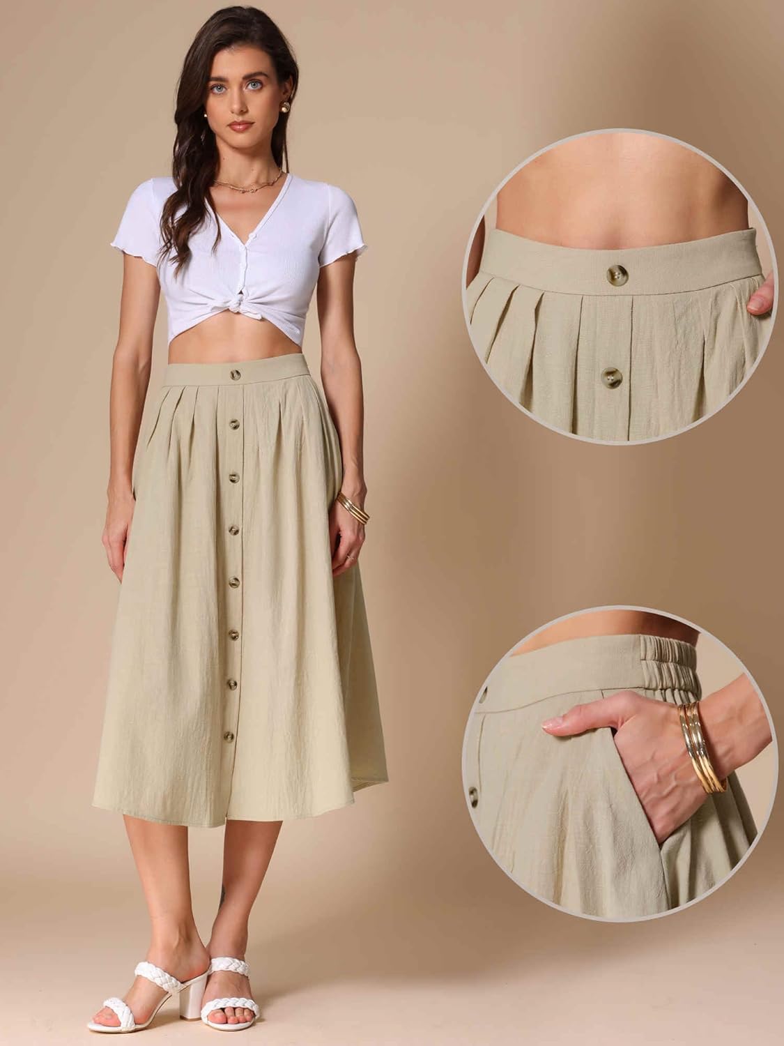 Allegra K Cotton Midi Skirt for Women's Summer Casual Button Decor Elastic Waist A-Line Skirts with Pocket - Image 4