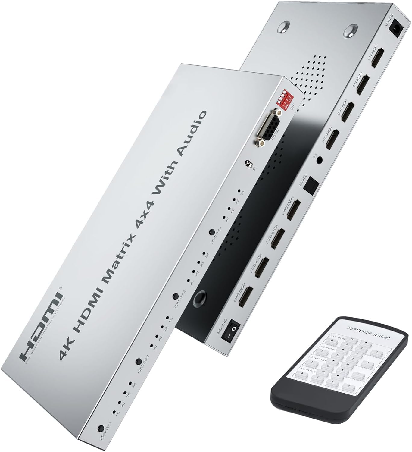 4K HDMI Splitter, 4in 4out Matrix HDMI Switch, HDMI 2.0 Support 3840x2160@30HZ with Audio Switch, IR Remote+ Button Press + RS232 Control, Support EDID Audio Extractor, 3D, HDR, 18 GBPS, HDCP 2.2