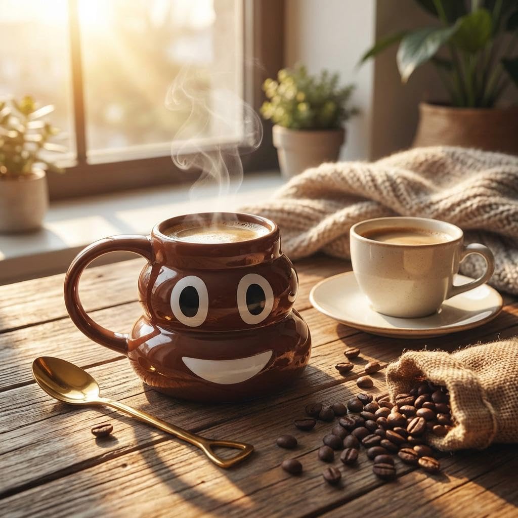 17oz Poop Ceramic Coffee Mugs with Golden Spoons, Brown Poop Shaped Ceramic Cup, Funny & Unique Gift Idea (Smile Cup)