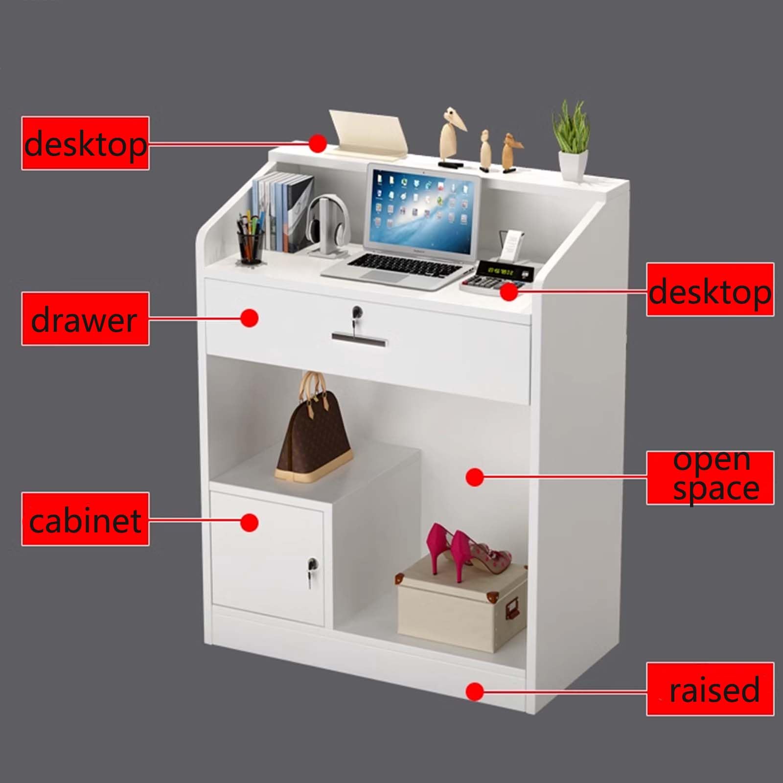 Bancone Reception Moderno, Tavolo con Cassetto e Piccolo Armadietto, Scrivania per Computer Banco Cassa per Office Boutique Negozio