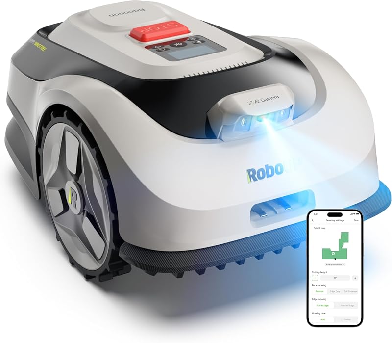 Robot cortadora de césped Raccoon 2 SE sin RTK para un área de césped de 0,15 acres | cortadora de césped robótico inteligente AI con batería de carga rápida de 5 Ah para césped pequeño, altura de corte de 1,18 a 3,15 pulgadas