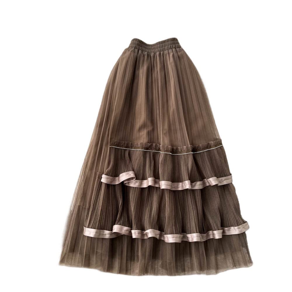 OZEO Röcke Damen,Damen-Midirock Mesh-Tüll-Rüschen Faltenrock Braun Elastische Hohe Taille Gestufte A-Linien-Röcke Geraffte Elegante Lange Röcke Für Mädchen Damen Frühling Herbst
