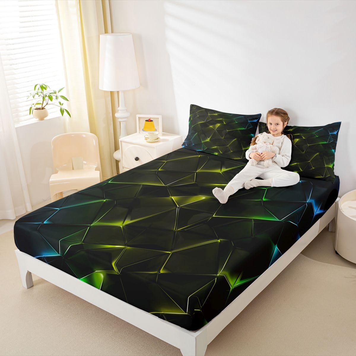 Homewish Geometryczne Crack Prześcieradła King Ombre Rock Wzór Żółte Dopasowane Prześcieradło Gradient Abstrakcyjne Linie Zestaw Pościeli, Nowoczesna Linia Świecąca Narzuta Na Łóżko 3 Szt