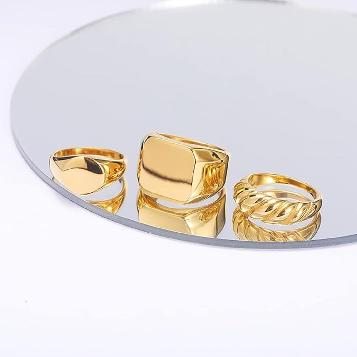 TUNGSTORY Chunky Rings for Women Men, 3pcs 14K Gold-Plated Stainless Steel Signet Ring Set Croissant Ring Braided Twisted Ring Size 7-12 - Image 6