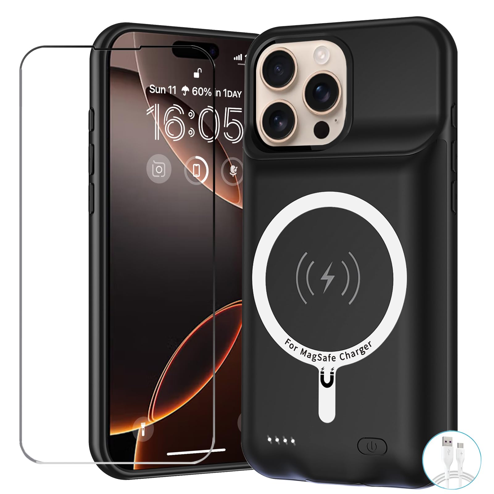 Battery Case for iPhone 16 Pro, 10000mAh Battery Pack Rechargeable Charger Case Support Carplay with Wireless Charging Compatible for iPhone 16 Pro (6.3 inch) External Battery Charging Cover(Black)