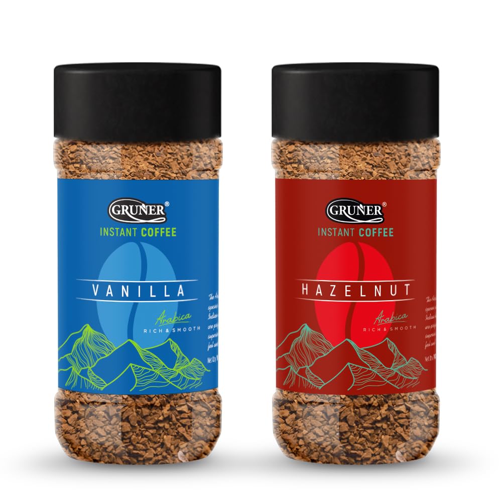 Gruner Hazelnut and Vanilla Instant Coffee Powder for Hot and Cold Coffee 100g | Roasted Arabica Coffee Beans | Freeze Dried | Intense Bold And Strong Flavour | No Added Sugar (Pack Of 2)