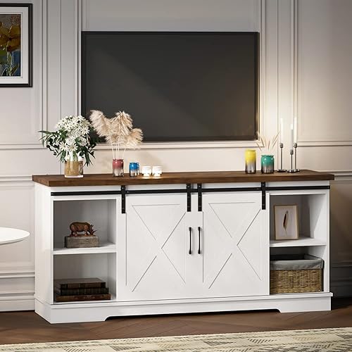 Miniatura 7 de Amyove Soporte de TV rústico para TV de 65 pulgadas, centro de entretenimiento, mesa de consola multimedia, soporte de TV blanco con puertas de