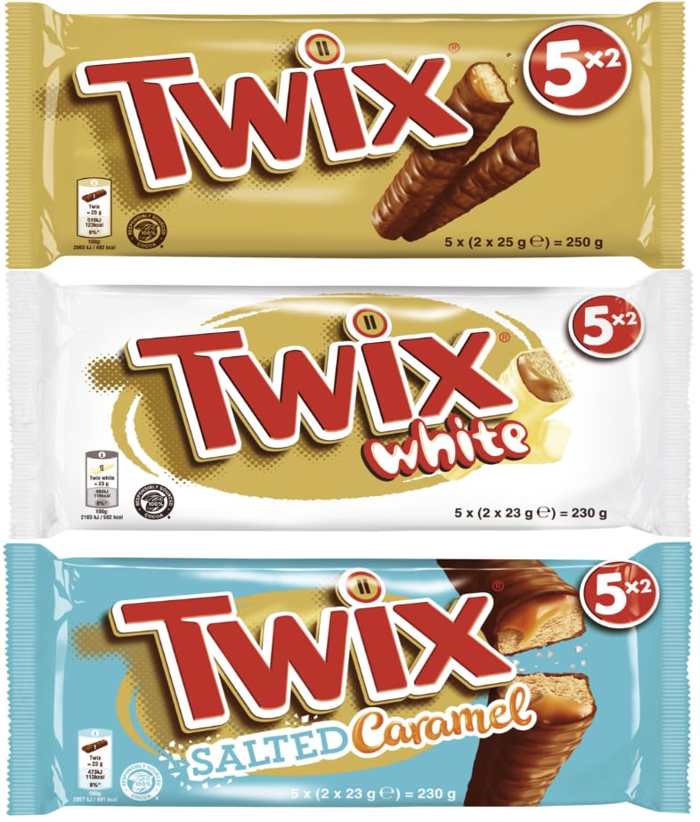 TWIX Multipack-Mix 3 Packungen, 15 Riegel I Twix Original I Twix White I Twix Salted Caramel I Milchschokolde I Weiße Schokolade I Karamell I Keks I Schokoriegel
