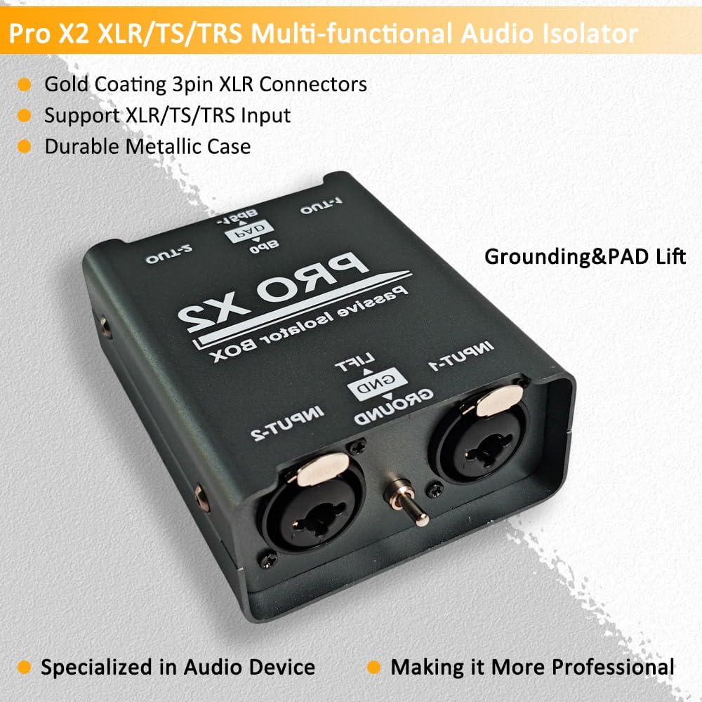Pro 2-Channel XLR/TS/TRS Passive Hum Eliminator & Ground Loop Noise Isolator Box - Replacement for Pro X2, Audio Filter for Car Speakers, Home Stereo, Studio Mixers