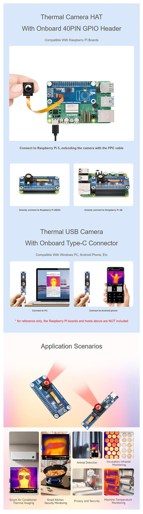 Modulo per fotocamera a infrarossi a lunga durata, compatibile con Raspberry Pi 80 × 62 pixel, 45 ° FOV, con 40 pin GPIO Header Shutter-Less Design per fotocamera Raspberry Pi IR