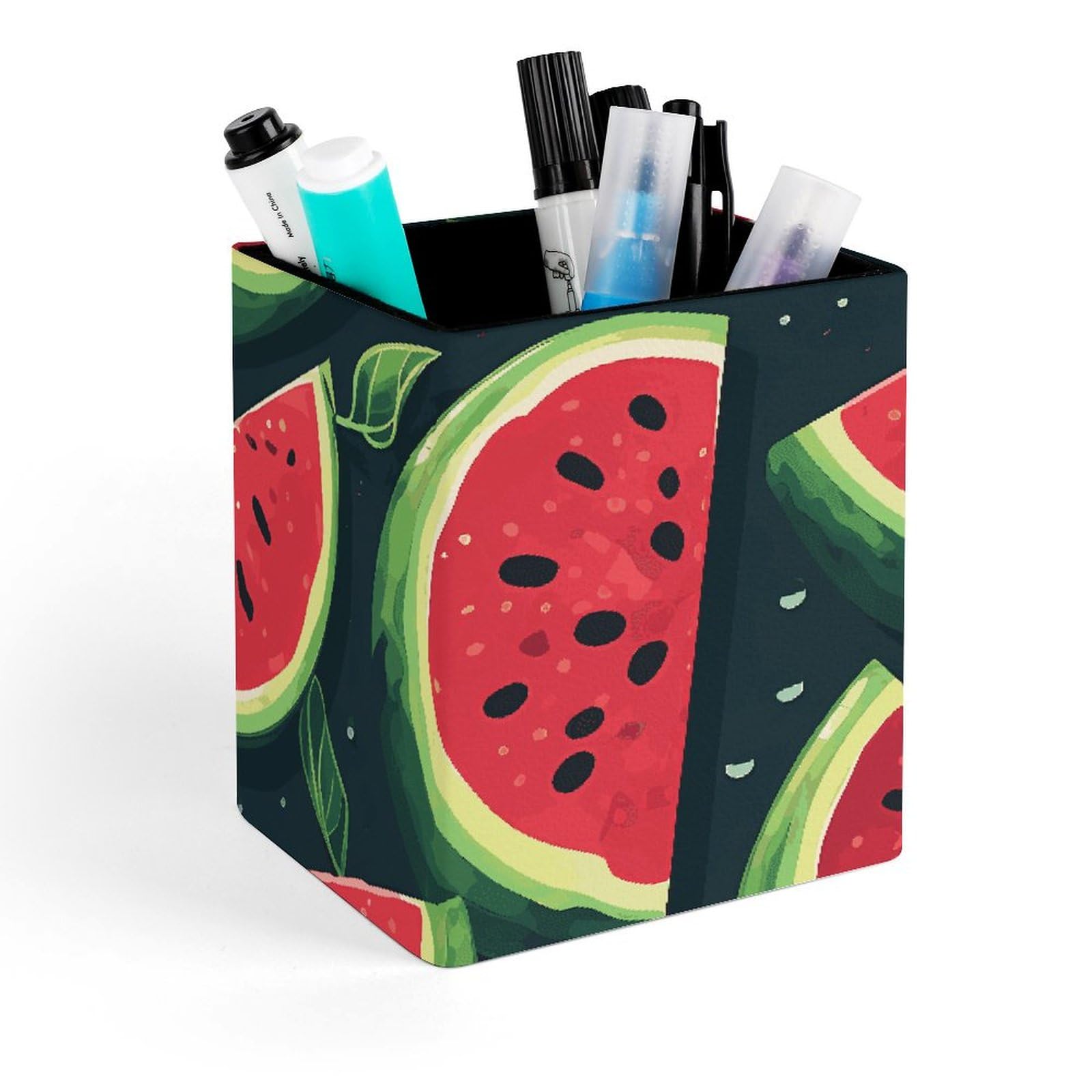 Porte-stylo carré en cuir pastèque pour un bureau vitaminé