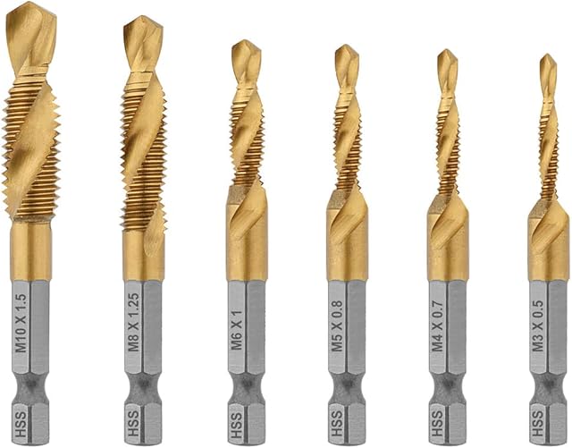 Gunpla 6pcs Tap Drill Bits Set, Durable Titanium Coated HSS Combination Metric Thread Drilling Bits Twisted 1/4 Hex Shank Hand Machine Screw Threading Tapping Tools M3 M4 M5 M6 M8 M10