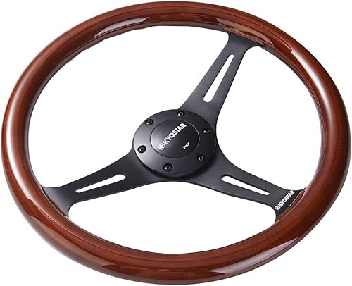 Miniatura 10 de Volante universal de 13.780 in, 14 pulgadas, estilo nostalgia clásico, de grano de madera, radios plateados con botón de bocina