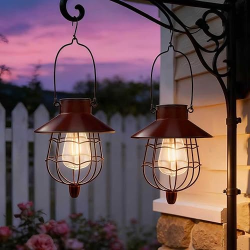 Miniatura 1 de Paquete de 2 faroles solares para exteriores, impermeables, colgantes de Navidad con diseño de bombilla Edison blanca cálida de metal vintage,