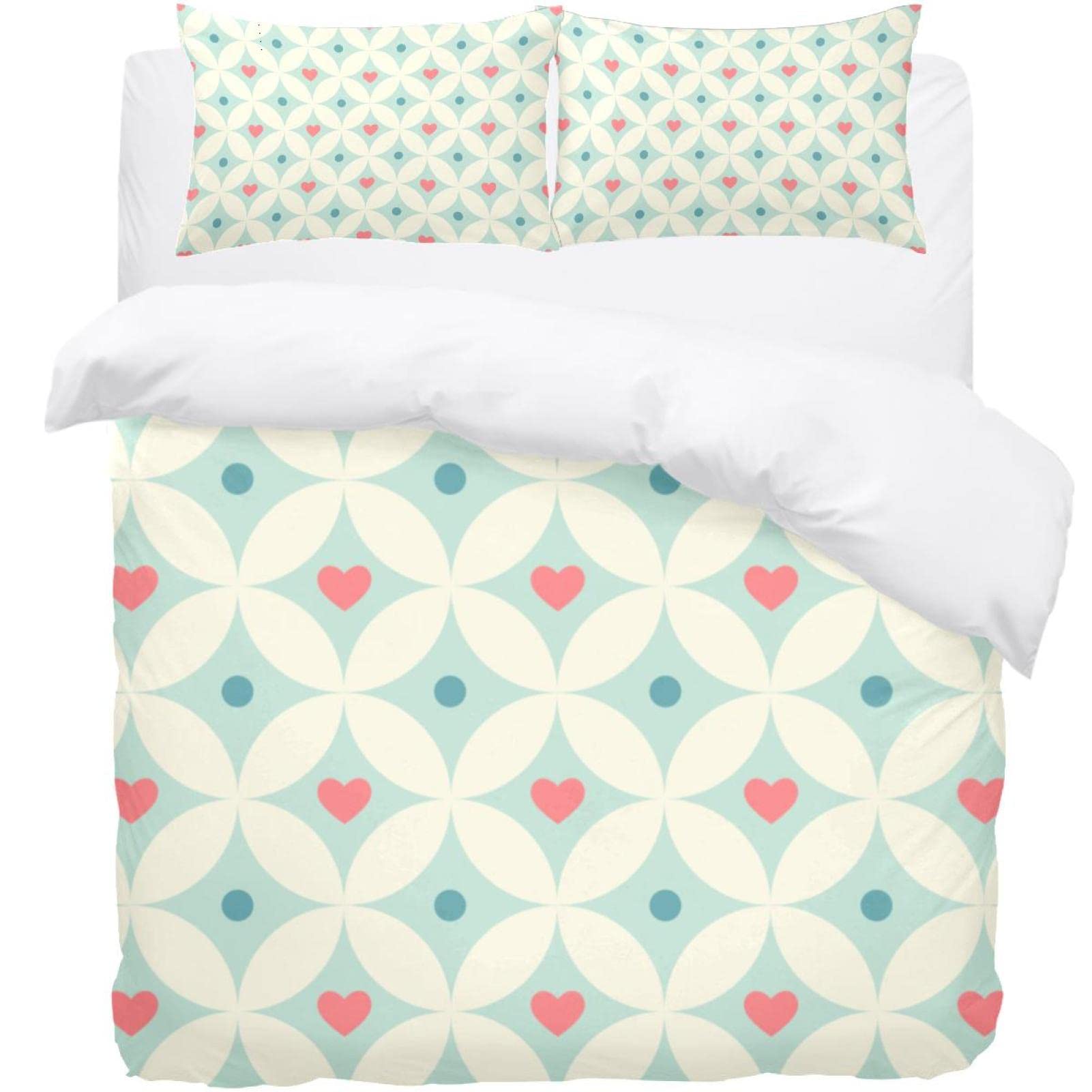 Parure de lit housse de couette et taies motif cœurs géométriques