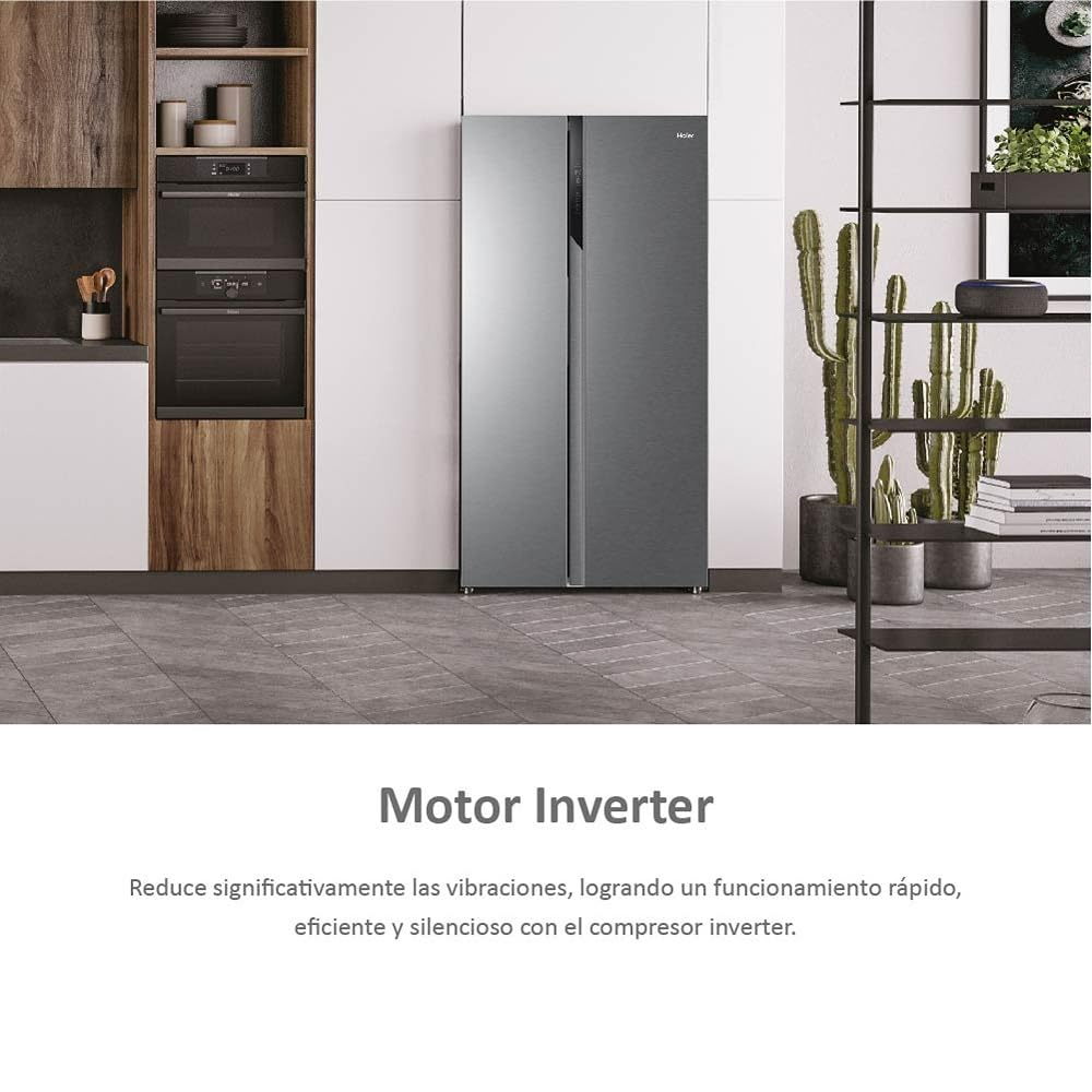 Haier SBS 90 Series 3 HSR3918ENPG - Frigorífico Side by Side, Americano, Apertura 90 grados, Tecnología Antibacterias, Capacidad XXL 528 L, Total No Frost, Clase E, Inox, Gris, 177,5 x 90,8 x 64,7 cm