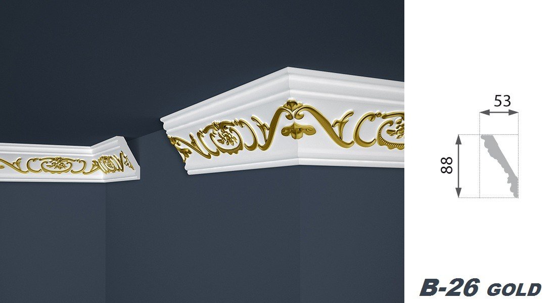 Moldura de techo Marbet B-26 oro de poliestireno EPS - Moldura de estuco estampada, en diseño tradicional - (paquete de ahorro de 40 metros) Molduras de perfil