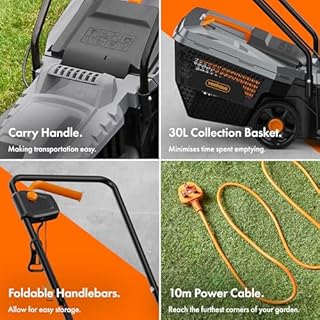 VonHaus Lawnmower 1200W – Electric Corded Lawn Mower for all Types of Grass – 30L Collection Bag, 320mm Working Width, 10m Cable, Foldable Height Adjustable Handlebar, 3 Depth Settings, Carry Handle