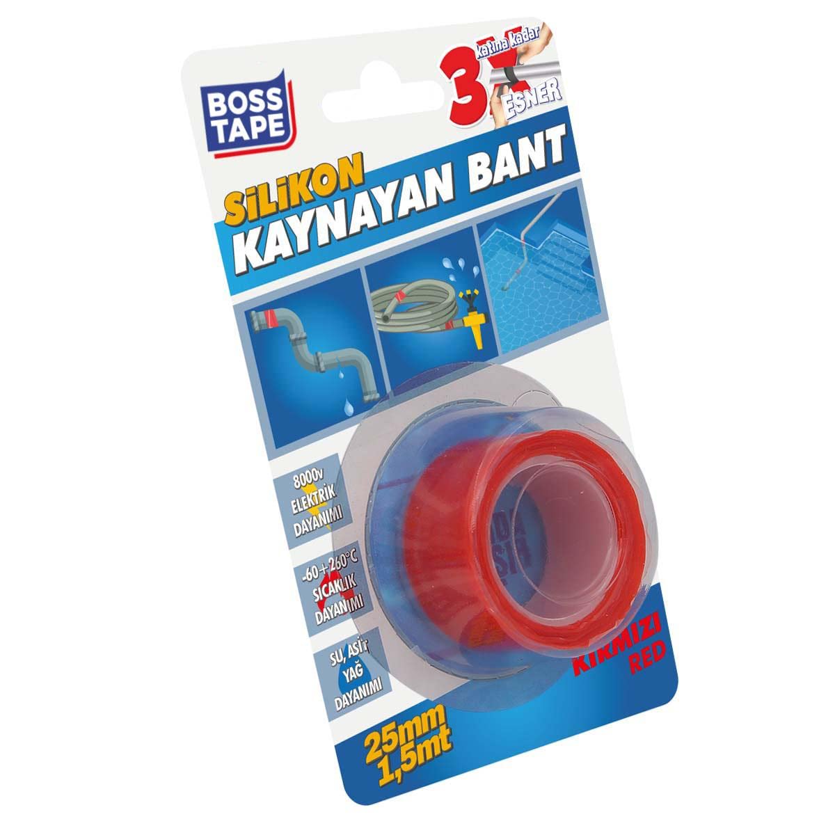 Boss Tape Silikon Kaynayan Tamir Bandı Kırmızı 25 mm x 1,5 mt